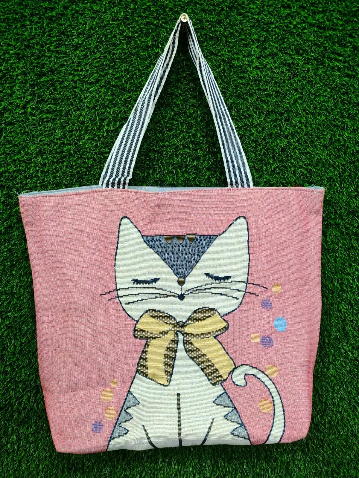 Pink cat printed tote bag for women - Ronjok